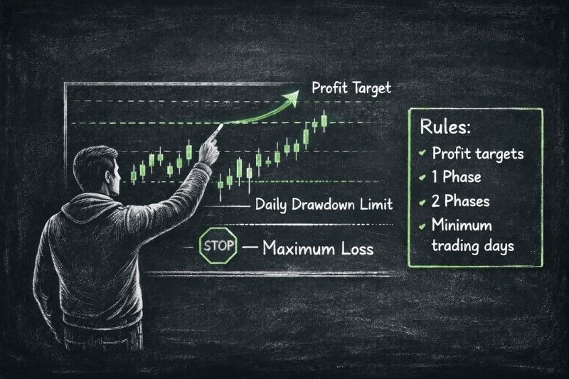 DNA funded review showing prop firm rules, profit targets, drawdown limits, and trading requirements.