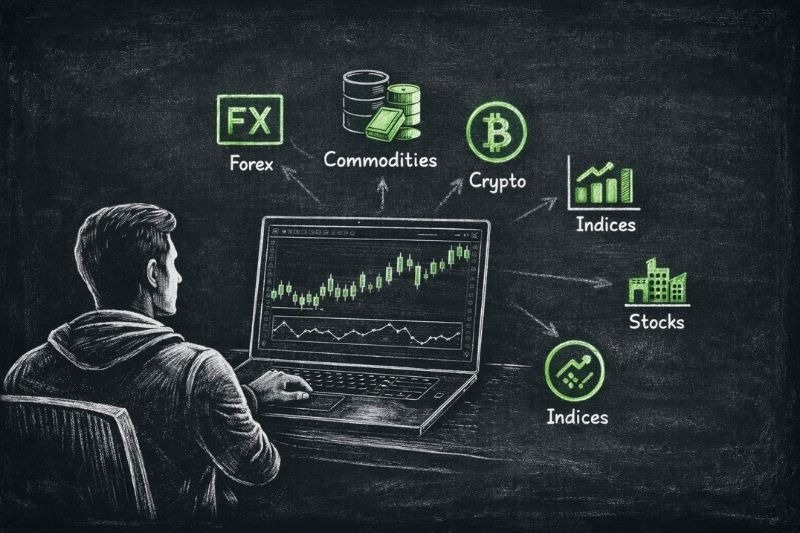 DNA funded review showing trader accessing forex, crypto, commodities, indices, and stocks markets