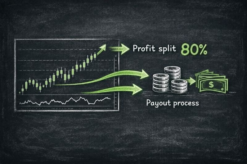 DNA funded review highlighting 80% profit split and payout process for funded traders.