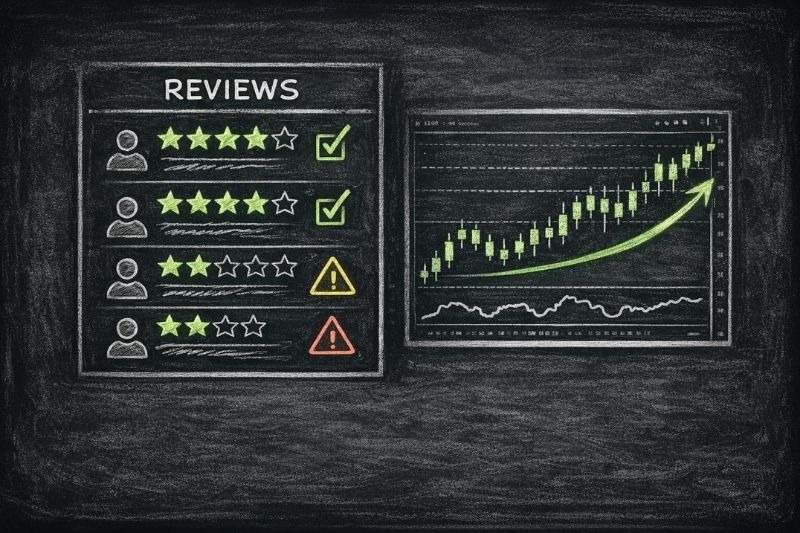 DNA funded review illustrating trader ratings, feedback, and performance chart for funded accounts