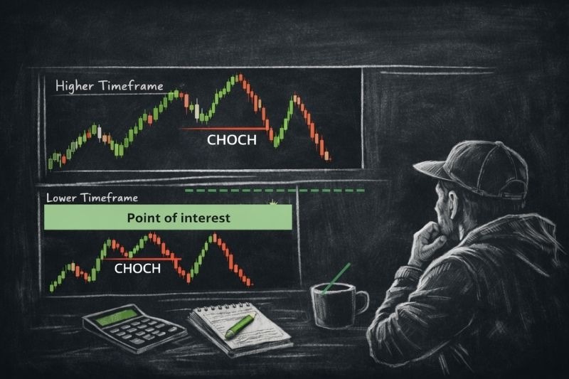 Trader analysing CHOCH trading across higher and lower timeframe charts to identify reversal points.