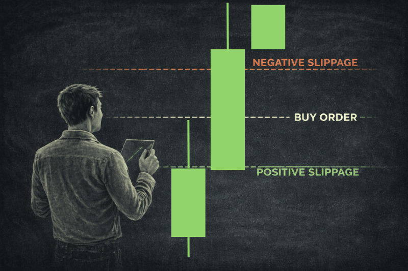 Diagram showing what is slippage in trading with positive and negative slippage on buy order
