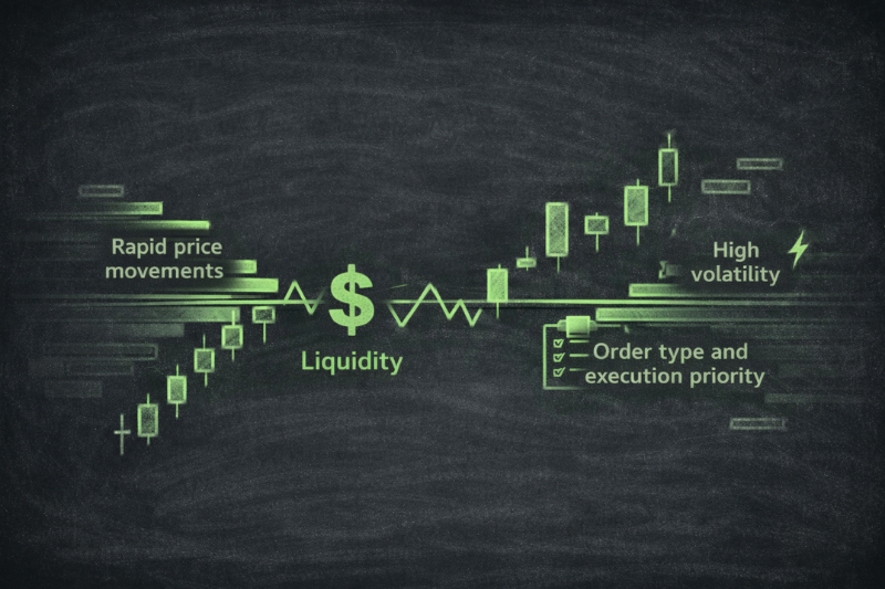 Illustration explaining what is slippage in trading with liquidity, volatility, and rapid price movements