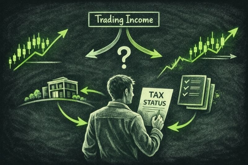 Illustration explaining trader tax status with charts, tax forms, and trader reviewing income classification