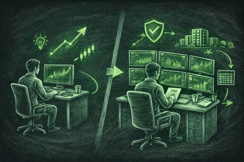 Trader comparing trading setups and tax documents illustrating trader tax status and taxation differences.