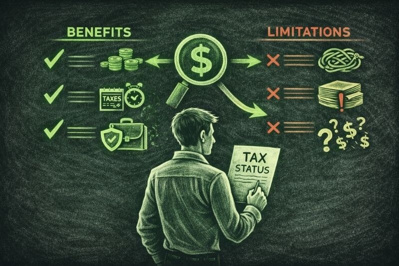 Trader reviewing trader tax status benefits and limitations with tax forms and financial symbols