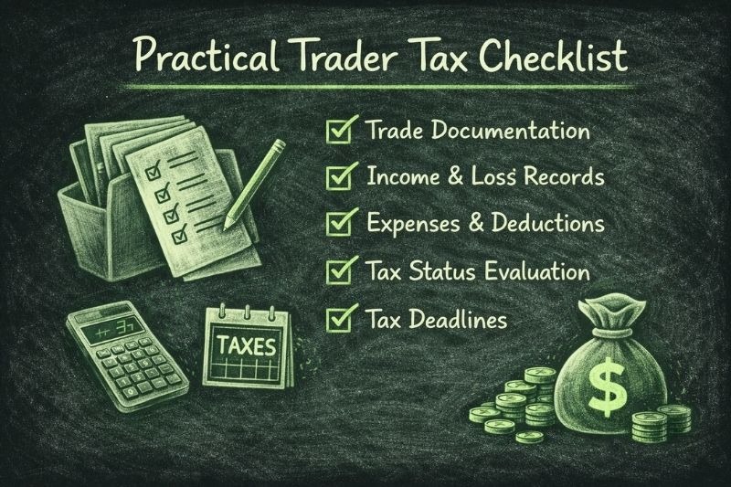 Practical trader tax status checklist covering trade records, deductions, income tracking, and tax deadlines