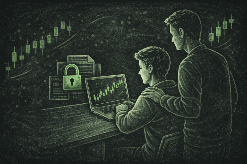 Teen learning trading with adult guidance, illustrating how old do you have to be to day trade