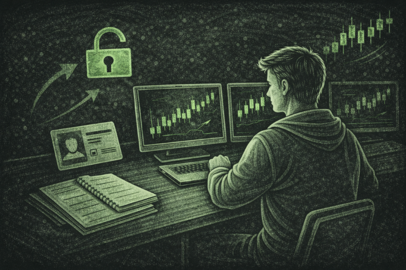 Trader at multiple screens with ID verification, showing how old do you have to be to day trade