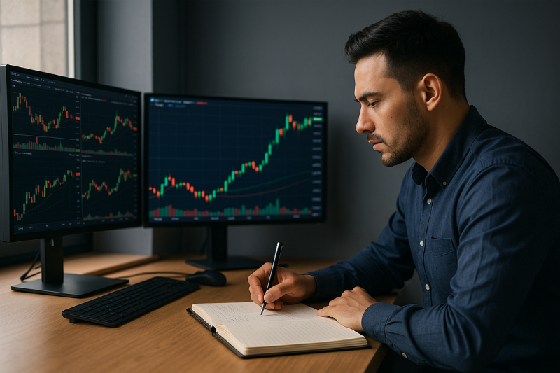 Man taking notes on charts while learning how to become a forex trader