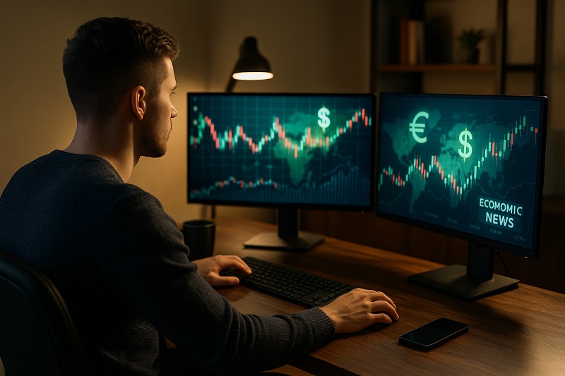 Forex terminology displayed on trading screens with trader analysing currency charts at desk
