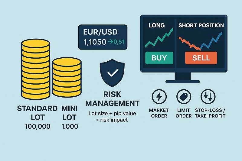 Forex terminology illustration showing lot sizes, risk management, and buy sell trading concepts