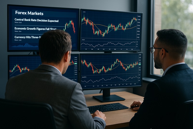 Forex terminology shown on trading screens with analysts reviewing forex market charts