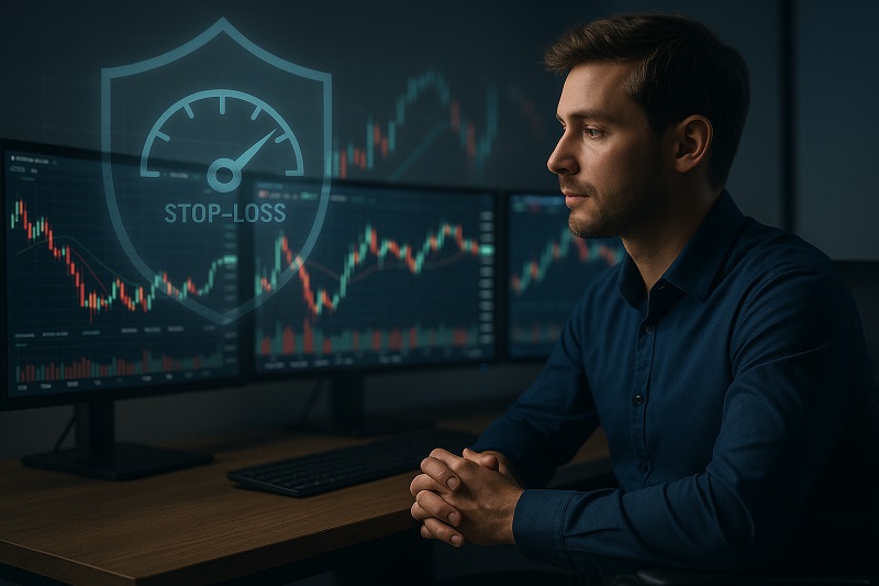 Forex terminology showing stop loss concept with trader analysing market charts on screens