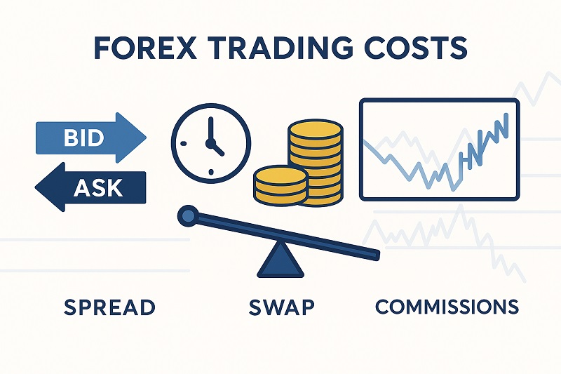 Forex terminology illustrating trading costs including spread, swap, commissions, bid and ask prices