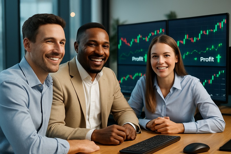 Forex terminology concepts with traders reviewing profit charts on multiple trading screens