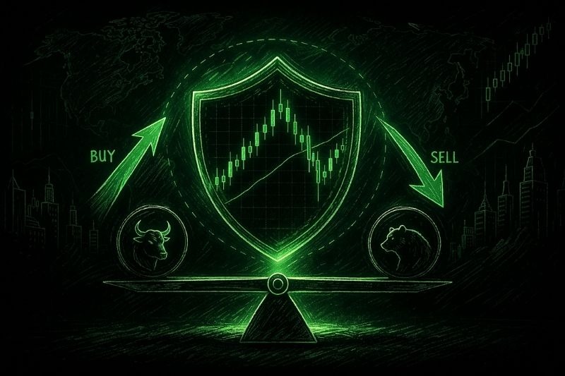 Forex hedging illustration showing buy sell balance, risk protection, and market trends