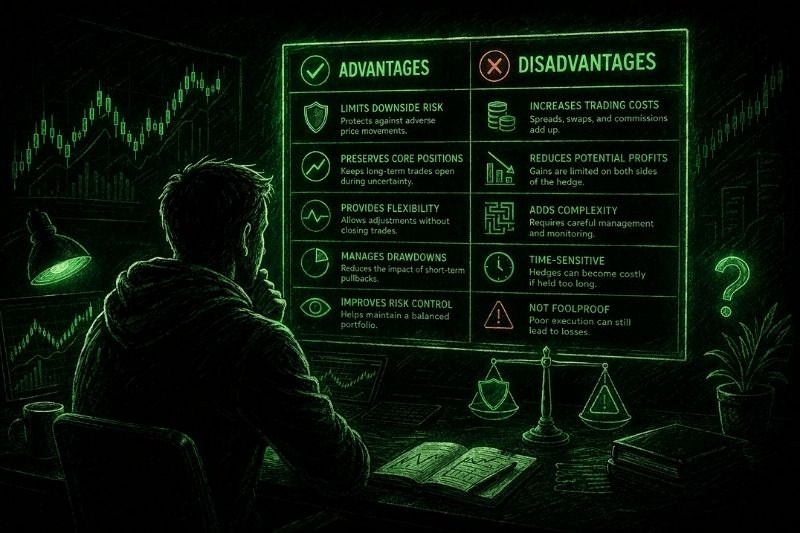 Forex hedging advantages and disadvantages showing risk protection, costs, and trading complexity