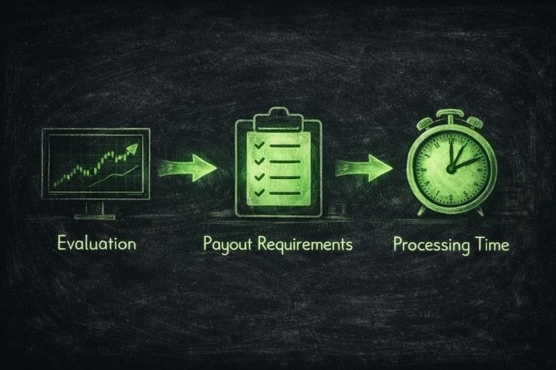 Fastest payout prop firm comparison showing evaluation, requirements, and processing time steps