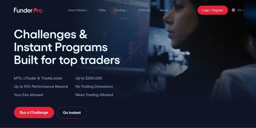 Fastest payout prop firm FunderPro dashboard showing instant programs and high trader rewards