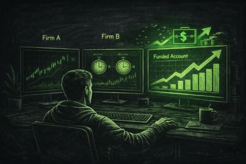 Fastest payout prop firm comparison showing trader evaluating firms and funded account growth