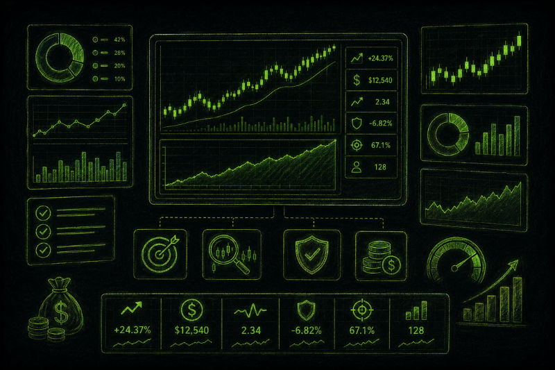 Trading simulator dashboard displaying strategy testing charts, analytics, and virtual trading performance metrics.