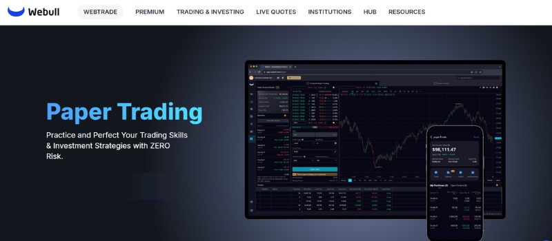 Webull trading simulator interface showing paper trading tools, charts, and virtual trading dashboard