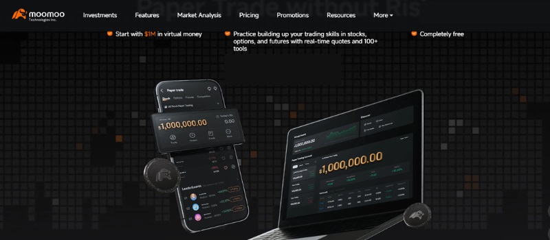 Moomoo trading simulator app displaying virtual trading dashboard, charts, and strategy testing tools