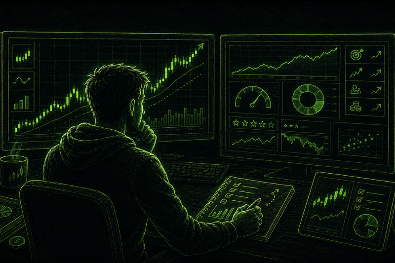 Trading simulator setup displaying live charts, analytics, and strategy testing across multiple trading screens