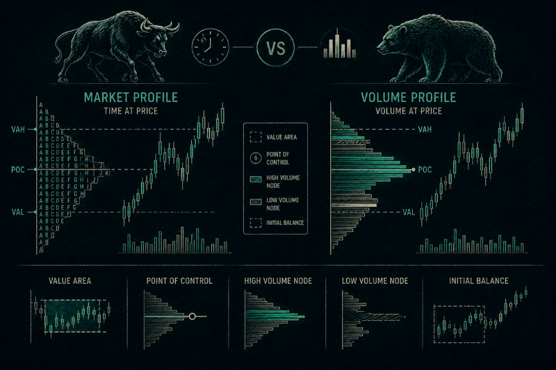 Auction market theory comparison of market profile and volume profile with value areas