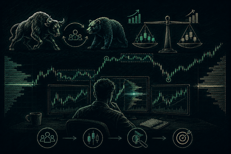 Auction market theory illustration showing price balance, imbalance, value discovery, and risk management