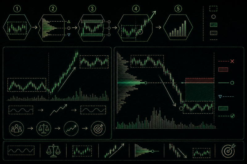 Auction market theory workflow showing balance, breakout, volume profile, and trend continuation