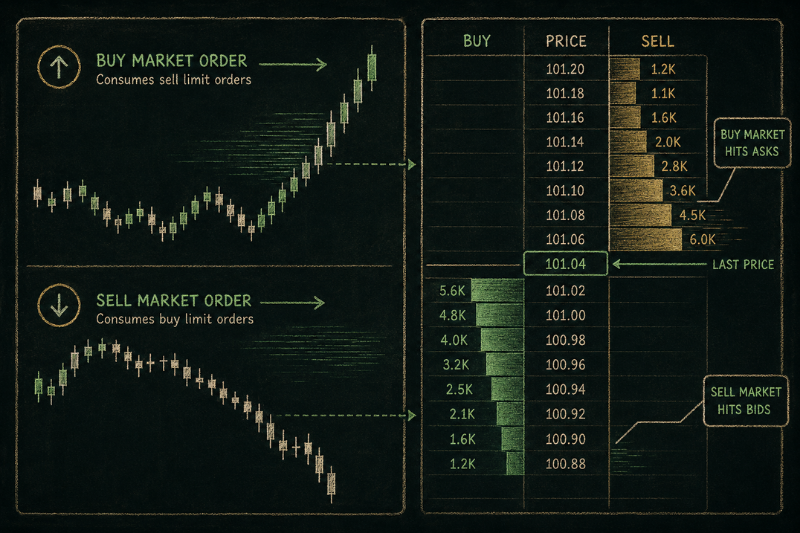 Order flow trading chart showing market orders consuming liquidity and revealing buying pressure
