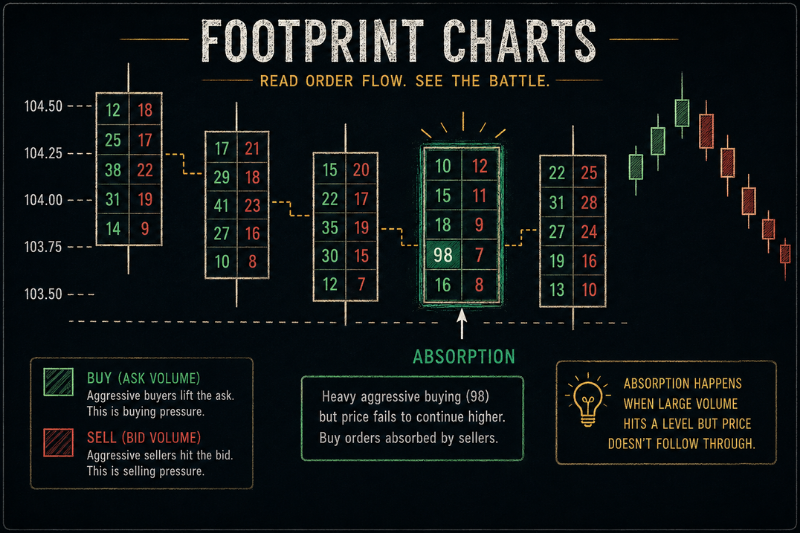 Order flow trading footprint chart showing buying pressure, selling pressure, and volume absorption