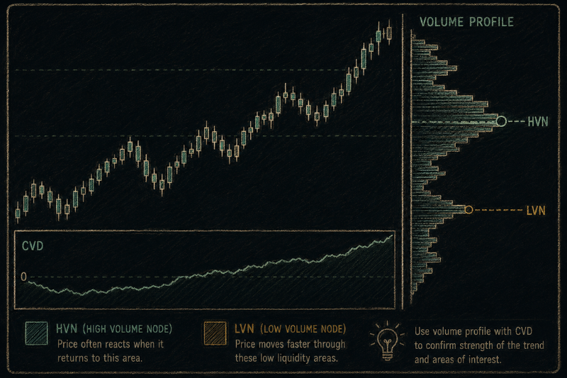 Order flow trading volume profile showing CVD, HVN, and LVN buying pressure zones.