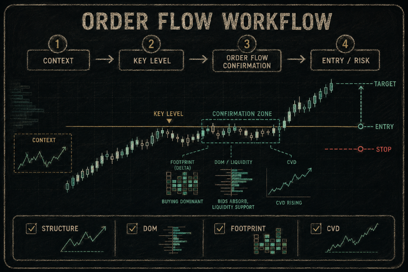 Order flow trading workflow showing key levels, buying pressure, and trade confirmation