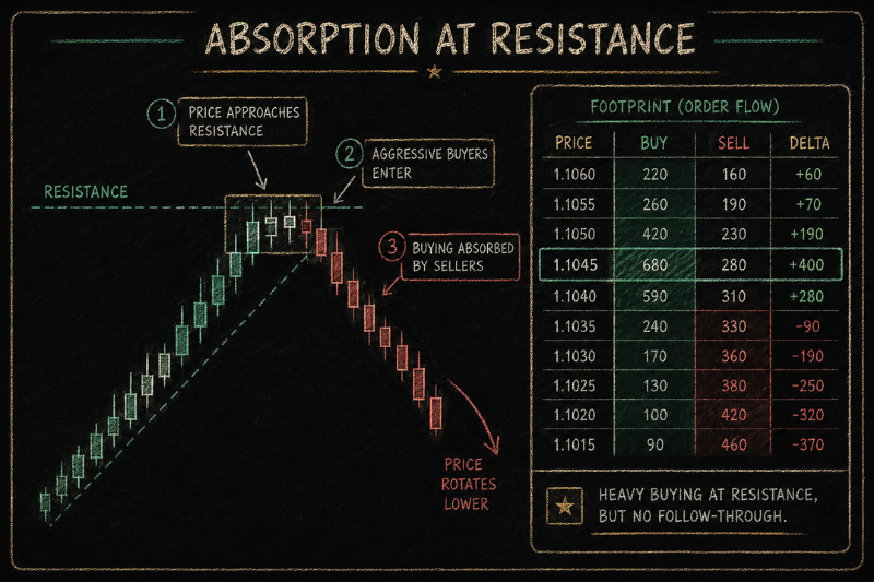 Order flow trading chart showing buying absorption at resistance and increasing selling pressure