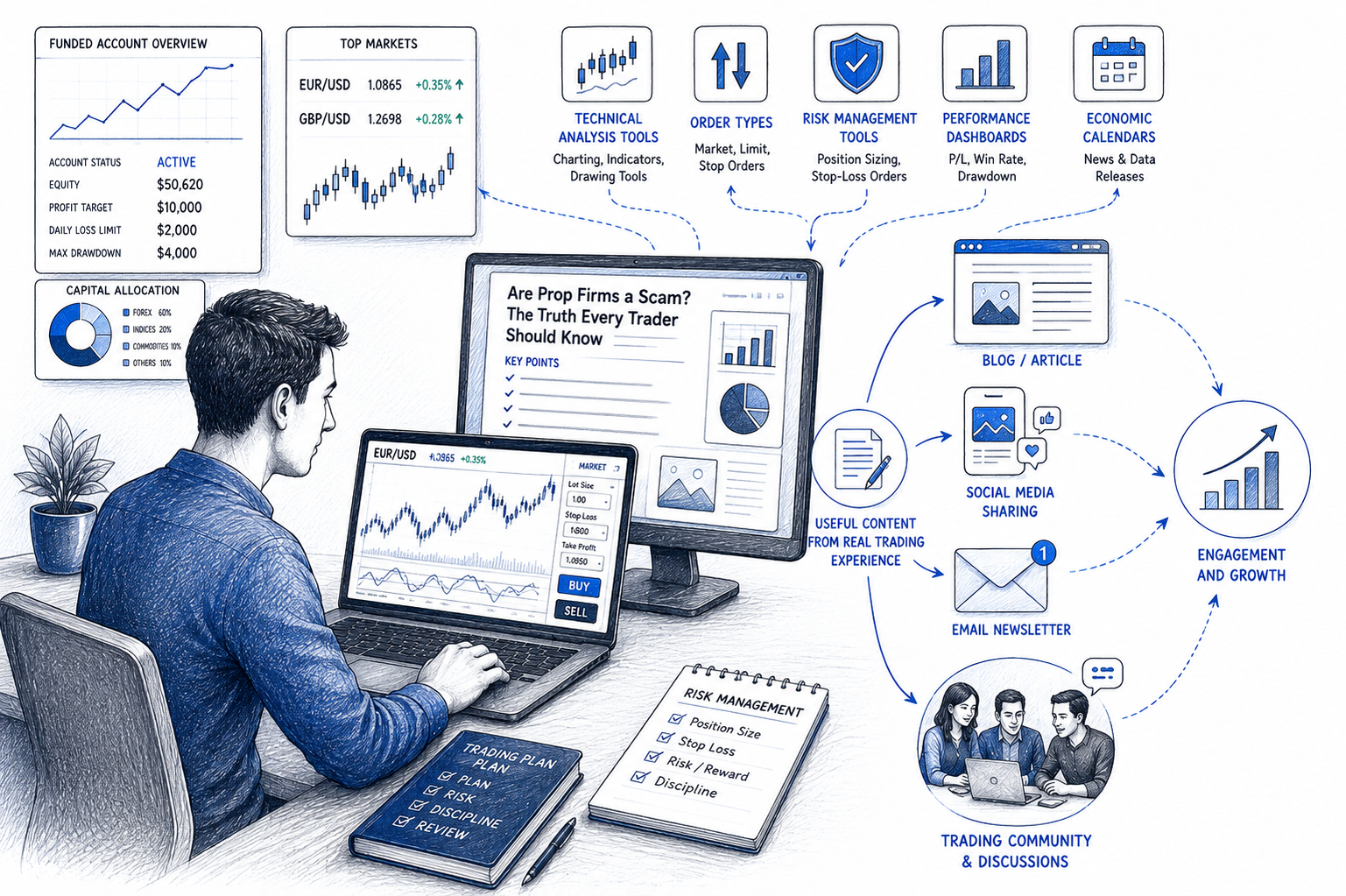 rop trader analyzing funded account tools and evaluating whether prop firms are scams