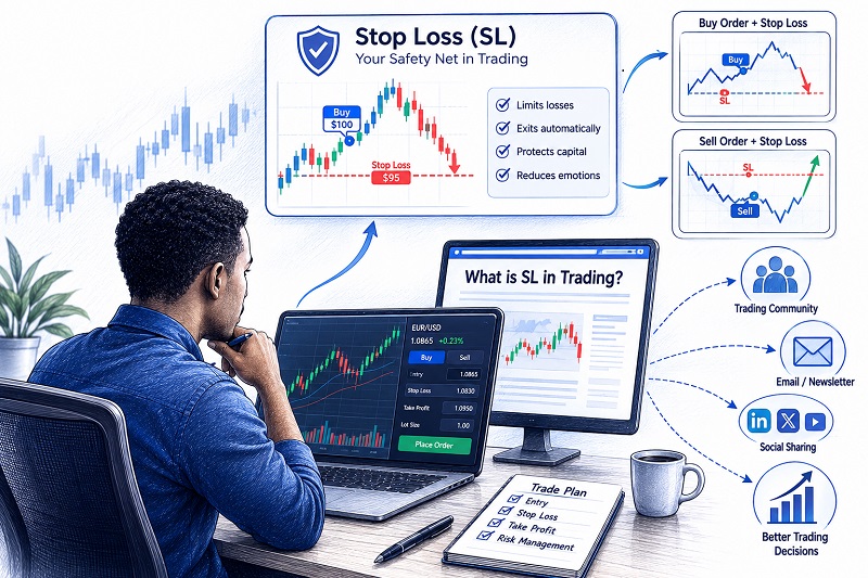 Illustration of a trader using stop-loss orders to manage risk, with buy and sell examples showing automatic trade exits and capital protection.