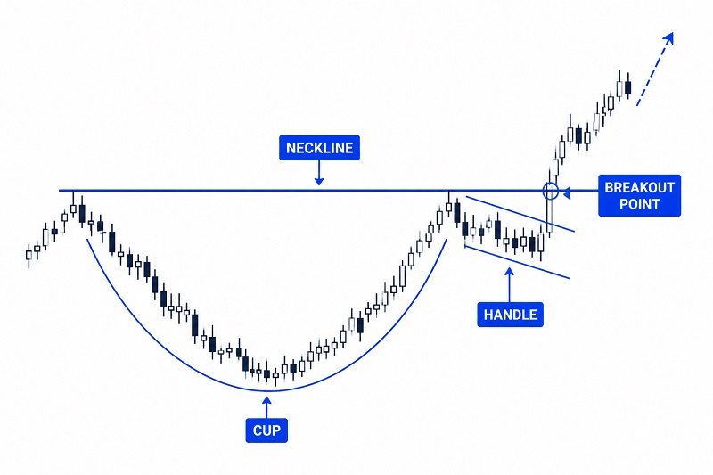 Cup and handle chart pattern showing a rounded cup, handle consolidation, resistance level, and bullish breakout.