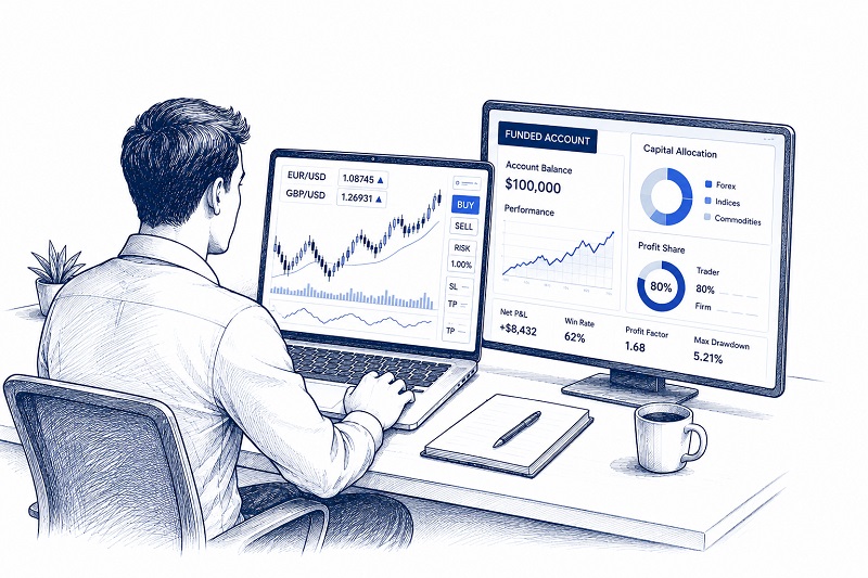 Professional trader analyzing a funded trading account with forex charts, performance metrics, capital allocation, and profit-sharing data