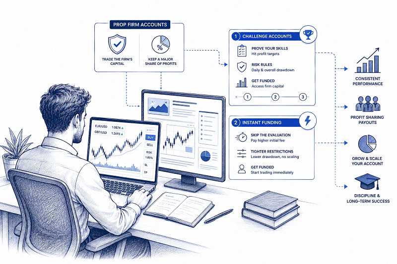 Illustration showing a trader comparing challenge and instant funding accounts, with trading charts, risk rules, funded capital, and performance metrics.