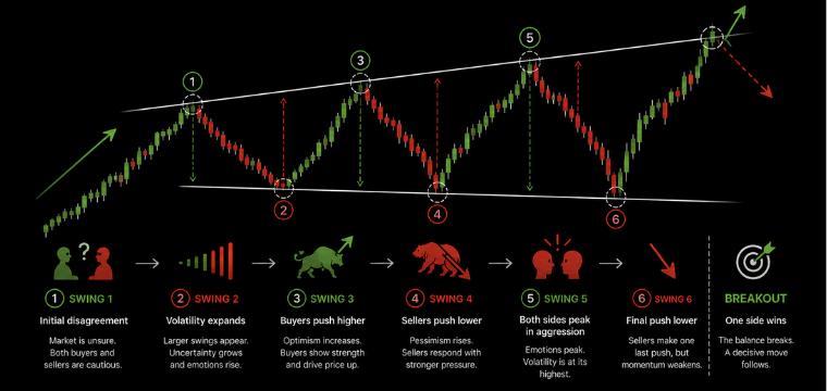 Megaphone pattern chart illustrating widening swings, higher highs, lower lows, and breakout signals.