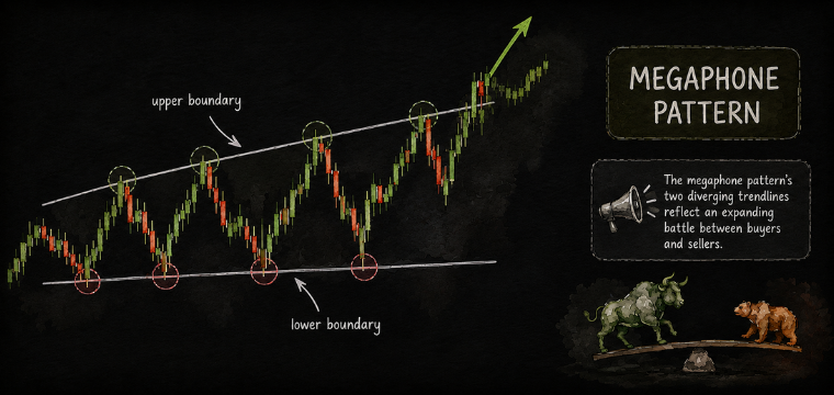 Megaphone pattern chart showing widening highs and lows with diverging trendlines and bullish breakout.