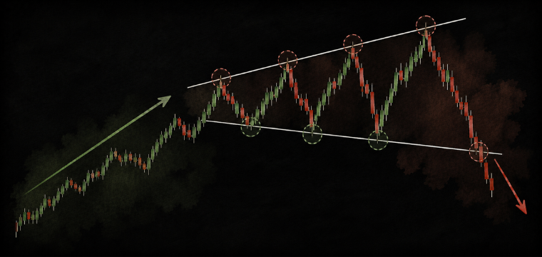 Megaphone pattern showing widening price swings, diverging trendlines, and a bearish breakout.