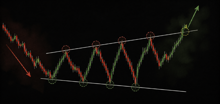 Megaphone pattern showing widening price swings and a bullish breakout above the upper trendline.