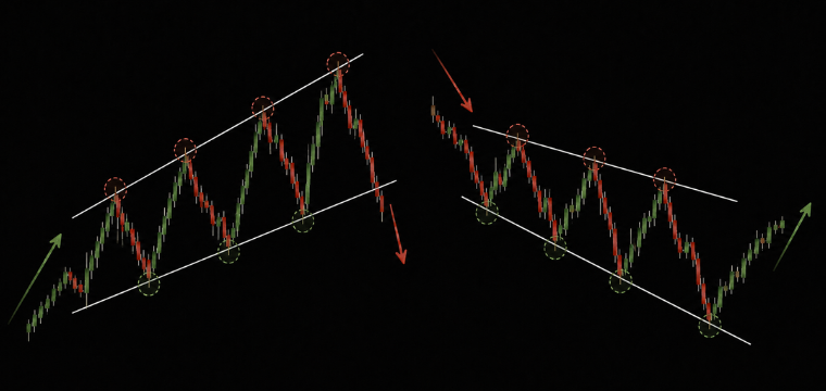 Megaphone pattern examples showing ascending and descending formations with bullish and bearish breakout directions.