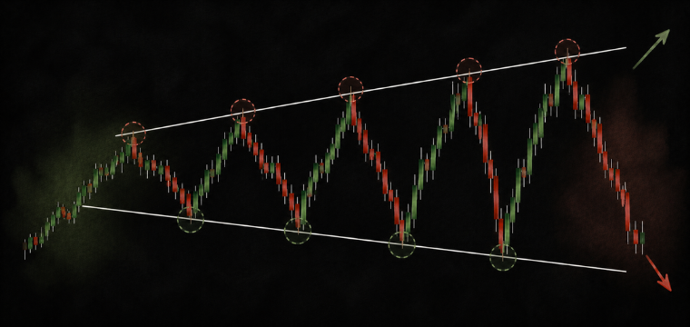 Megaphone pattern chart showing widening price swings between diverging trendlines and potential breakout directions.