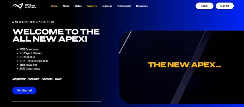 Apex Trader Funding homepage presenting its updated futures trading program, payout rules, drawdown terms, and scaling options