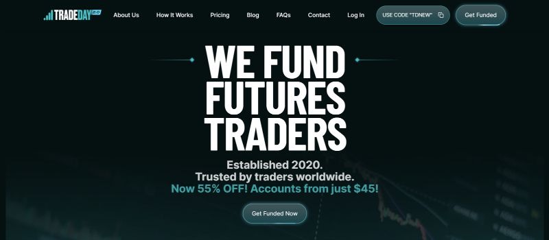 TradeDay homepage highlighting funded futures trading accounts and funding opportunities for traders worldwide